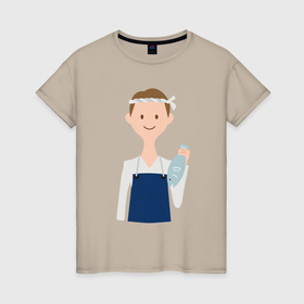 Женская футболка хлопок с принтом Рыбный мастер в Новосибирске, 100% хлопок | прямой крой, круглый вырез горловины, длина до линии бедер, слегка спущенное плечо | 