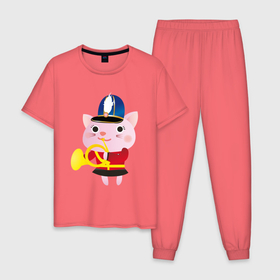 Мужская пижама хлопок с принтом Розовый котик музыкант в Екатеринбурге, 100% хлопок | брюки и футболка прямого кроя, без карманов, на брюках мягкая резинка на поясе и по низу штанин
 | Тематика изображения на принте: 