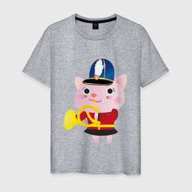 Мужская футболка хлопок с принтом Розовый котик музыкант в Екатеринбурге, 100% хлопок | прямой крой, круглый вырез горловины, длина до линии бедер, слегка спущенное плечо. | Тематика изображения на принте: 