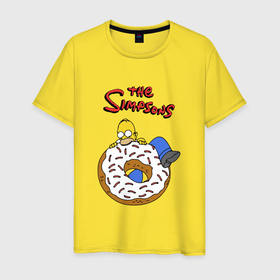 Мужская футболка хлопок с принтом Гомер на пончике в Кировске, 100% хлопок | прямой крой, круглый вырез горловины, длина до линии бедер, слегка спущенное плечо. | 