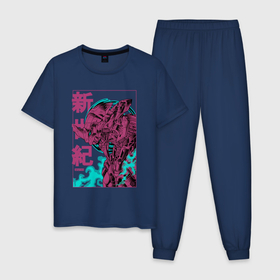 Мужская пижама хлопок с принтом Евангелион eva 01 neon genesis в Тюмени, 100% хлопок | брюки и футболка прямого кроя, без карманов, на брюках мягкая резинка на поясе и по низу штанин
 | Тематика изображения на принте: 