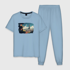 Мужская пижама хлопок с принтом Токио Тауэр в городе будущего в Курске, 100% хлопок | брюки и футболка прямого кроя, без карманов, на брюках мягкая резинка на поясе и по низу штанин
 | 