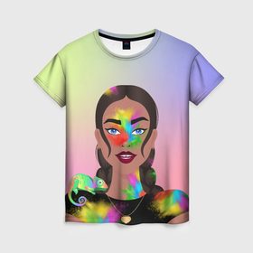 Женская футболка 3D с принтом Девушка с фестиваля красок Холи , 100% полиэфир ( синтетическое хлопкоподобное полотно) | прямой крой, круглый вырез горловины, длина до линии бедер | 