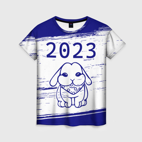 Женская футболка 3D с принтом НГ Кролик с банданой на светлом в Екатеринбурге, 100% полиэфир ( синтетическое хлопкоподобное полотно) | прямой крой, круглый вырез горловины, длина до линии бедер | 