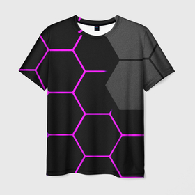Мужская футболка 3D с принтом Крупные неоновые соты , 100% полиэфир | прямой крой, круглый вырез горловины, длина до линии бедер | 