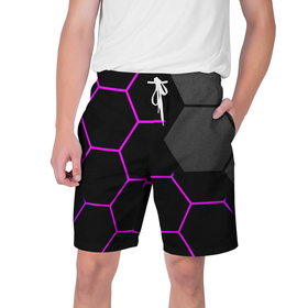 Мужские шорты 3D с принтом Крупные неоновые соты в Курске,  полиэстер 100% | прямой крой, два кармана без застежек по бокам. Мягкая трикотажная резинка на поясе, внутри которой широкие завязки. Длина чуть выше колен | 
