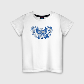Детская футболка хлопок с принтом Синяя птица в орнаменте гжель в Курске, 100% хлопок | круглый вырез горловины, полуприлегающий силуэт, длина до линии бедер | 