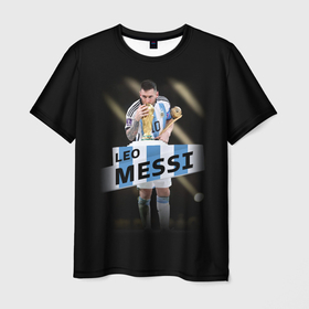 Мужская футболка 3D с принтом Лео Месси чемпион Мира в Санкт-Петербурге, 100% полиэфир | прямой крой, круглый вырез горловины, длина до линии бедер | 