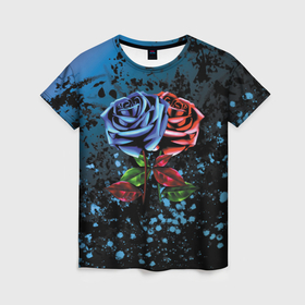 Женская футболка 3D с принтом Синяя и красная роза в Белгороде, 100% полиэфир ( синтетическое хлопкоподобное полотно) | прямой крой, круглый вырез горловины, длина до линии бедер | 