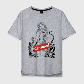 Мужская футболка хлопок Oversize с принтом Девушка в окружении двух тигров   censored в Екатеринбурге, 100% хлопок | свободный крой, круглый ворот, “спинка” длиннее передней части | 
