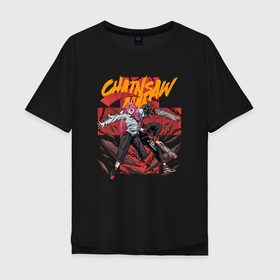 Мужская футболка хлопок Oversize с принтом Дэндзи и Пауэр в крутых позах в Ухте, 100% хлопок | свободный крой, круглый ворот, “спинка” длиннее передней части | 