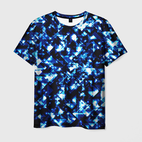 Мужская футболка 3D с принтом Неоновые синие треугольники блестящие в Тюмени, 100% полиэфир | прямой крой, круглый вырез горловины, длина до линии бедер | 