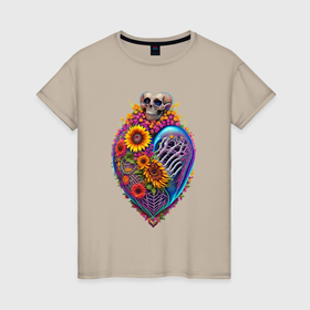 Женская футболка хлопок с принтом Сердце в подсолнухах в Рязани, 100% хлопок | прямой крой, круглый вырез горловины, длина до линии бедер, слегка спущенное плечо | 