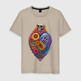 Мужская футболка хлопок с принтом Сердце в подсолнухах в Екатеринбурге, 100% хлопок | прямой крой, круглый вырез горловины, длина до линии бедер, слегка спущенное плечо. | 
