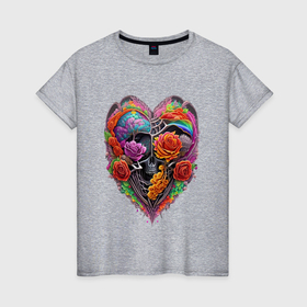 Женская футболка хлопок с принтом Сердце из костей и роз , 100% хлопок | прямой крой, круглый вырез горловины, длина до линии бедер, слегка спущенное плечо | 