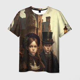 Мужская футболка 3D с принтом Victorian boy and girl в Новосибирске, 100% полиэфир | прямой крой, круглый вырез горловины, длина до линии бедер | 