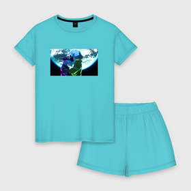 Женская пижама с шортиками хлопок с принтом Поцелуй Люси и Дэвида на фоне луны в Екатеринбурге, 100% хлопок | футболка прямого кроя, шорты свободные с широкой мягкой резинкой | 