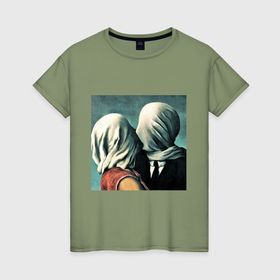 Женская футболка хлопок с принтом Влюбленные   художник Рене Магритт в Курске, 100% хлопок | прямой крой, круглый вырез горловины, длина до линии бедер, слегка спущенное плечо | 