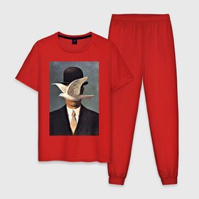 Мужская пижама хлопок с принтом Человек в котелке   художник Рене Магритт в Екатеринбурге, 100% хлопок | брюки и футболка прямого кроя, без карманов, на брюках мягкая резинка на поясе и по низу штанин
 | 