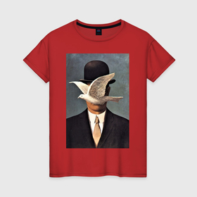 Женская футболка хлопок с принтом Человек в котелке   художник Рене Магритт в Екатеринбурге, 100% хлопок | прямой крой, круглый вырез горловины, длина до линии бедер, слегка спущенное плечо | 