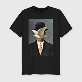 Мужская футболка хлопок Slim с принтом Человек в котелке   художник Рене Магритт в Белгороде, 92% хлопок, 8% лайкра | приталенный силуэт, круглый вырез ворота, длина до линии бедра, короткий рукав | Тематика изображения на принте: 
