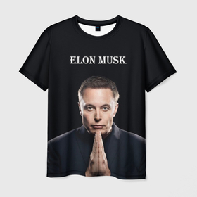 Мужская футболка 3D с принтом Илон Маск, портрет на черном фоне , 100% полиэфир | прямой крой, круглый вырез горловины, длина до линии бедер | 