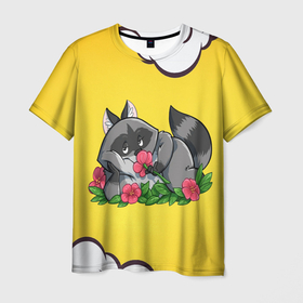 Мужская футболка 3D с принтом Влюбленный енот нюхает цветок , 100% полиэфир | прямой крой, круглый вырез горловины, длина до линии бедер | 