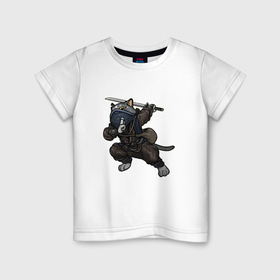 Детская футболка хлопок с принтом Котик ниндзя в Курске, 100% хлопок | круглый вырез горловины, полуприлегающий силуэт, длина до линии бедер | Тематика изображения на принте: 