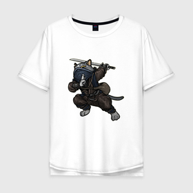 Мужская футболка хлопок Oversize с принтом Котик ниндзя в Кировске, 100% хлопок | свободный крой, круглый ворот, “спинка” длиннее передней части | Тематика изображения на принте: 