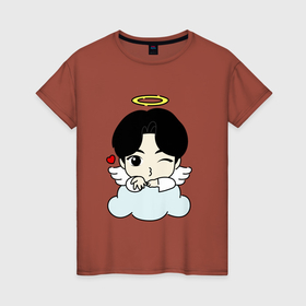 Женская футболка хлопок с принтом Jin   ангелочек из бтс в Кировске, 100% хлопок | прямой крой, круглый вырез горловины, длина до линии бедер, слегка спущенное плечо | 
