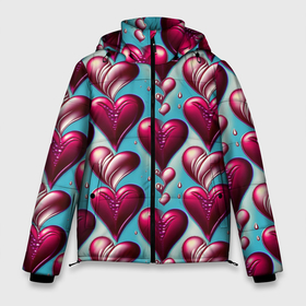 Мужская зимняя куртка 3D с принтом паттерн красные абстрактные сердца в Курске, верх — 100% полиэстер; подкладка — 100% полиэстер; утеплитель — 100% полиэстер | длина ниже бедра, свободный силуэт Оверсайз. Есть воротник-стойка, отстегивающийся капюшон и ветрозащитная планка. 

Боковые карманы с листочкой на кнопках и внутренний карман на молнии. | Тематика изображения на принте: 