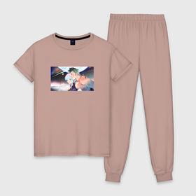Женская пижама хлопок с принтом Дэвид и Люси вдвоем на луне в Тюмени, 100% хлопок | брюки и футболка прямого кроя, без карманов, на брюках мягкая резинка на поясе и по низу штанин | 