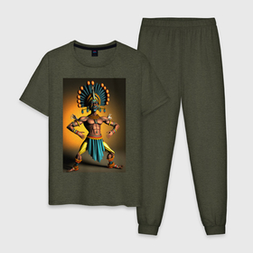 Мужская пижама хлопок с принтом Танцующий индеец в Тюмени, 100% хлопок | брюки и футболка прямого кроя, без карманов, на брюках мягкая резинка на поясе и по низу штанин
 | 