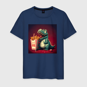 Мужская футболка хлопок с принтом Мультяшный динозавр REX с попкорном в Курске, 100% хлопок | прямой крой, круглый вырез горловины, длина до линии бедер, слегка спущенное плечо. | 