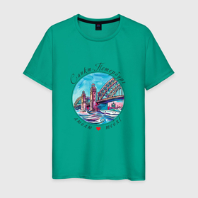 Мужская футболка хлопок с принтом Санкт Петербург, Большеохтинский мост в Петрозаводске, 100% хлопок | прямой крой, круглый вырез горловины, длина до линии бедер, слегка спущенное плечо. | 