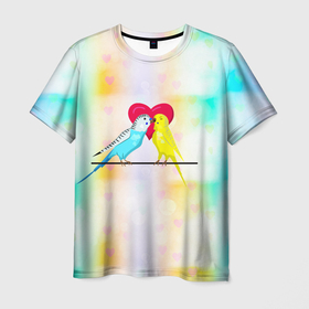Мужская футболка 3D с принтом Влюбленные волнистые попугайчики в Петрозаводске, 100% полиэфир | прямой крой, круглый вырез горловины, длина до линии бедер | 