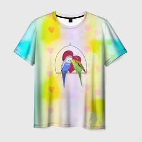 Мужская футболка 3D с принтом Влюбленная пара волнистых попугайчиков в Новосибирске, 100% полиэфир | прямой крой, круглый вырез горловины, длина до линии бедер | 
