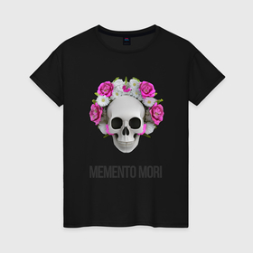 Женская футболка хлопок с принтом Череп с короной из цветов memento mori в Белгороде, 100% хлопок | прямой крой, круглый вырез горловины, длина до линии бедер, слегка спущенное плечо | 
