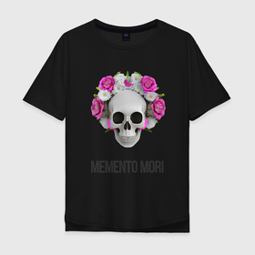 Мужская футболка хлопок Oversize с принтом Череп с короной из цветов memento mori в Рязани, 100% хлопок | свободный крой, круглый ворот, “спинка” длиннее передней части | 