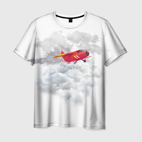 Мужская футболка 3D с принтом Самолёт в облаках , 100% полиэфир | прямой крой, круглый вырез горловины, длина до линии бедер | Тематика изображения на принте: 