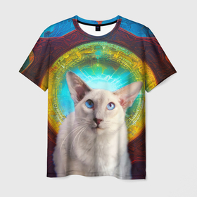 Мужская футболка 3D с принтом Балинезийский кот и таинственный портал , 100% полиэфир | прямой крой, круглый вырез горловины, длина до линии бедер | Тематика изображения на принте: 