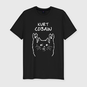 Мужская футболка хлопок Slim с принтом Kurt Cobain рок кот в городе Новоалтайск, 92% хлопок, 8% лайкра | приталенный силуэт, круглый вырез ворота, длина до линии бедра, короткий рукав | 