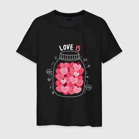 Мужская футболка хлопок с принтом Баночка с сердцами: love is в Курске, 100% хлопок | прямой крой, круглый вырез горловины, длина до линии бедер, слегка спущенное плечо. | Тематика изображения на принте: 