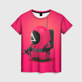 Женская футболка 3D с принтом Игра в кальмара амонг ас в Кировске, 100% полиэфир ( синтетическое хлопкоподобное полотно) | прямой крой, круглый вырез горловины, длина до линии бедер | 