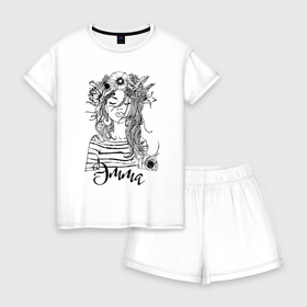 Женская пижама с шортиками хлопок с принтом Эмма в венке из летних цветов в Санкт-Петербурге, 100% хлопок | футболка прямого кроя, шорты свободные с широкой мягкой резинкой | 