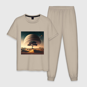 Мужская пижама хлопок с принтом Дерево на марсе и сатурн в Санкт-Петербурге, 100% хлопок | брюки и футболка прямого кроя, без карманов, на брюках мягкая резинка на поясе и по низу штанин
 | 