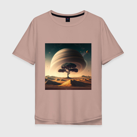 Мужская футболка хлопок Oversize с принтом Дерево на марсе и сатурн в Новосибирске, 100% хлопок | свободный крой, круглый ворот, “спинка” длиннее передней части | 