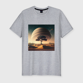 Мужская футболка хлопок Slim с принтом Дерево на марсе и сатурн в Новосибирске, 92% хлопок, 8% лайкра | приталенный силуэт, круглый вырез ворота, длина до линии бедра, короткий рукав | 