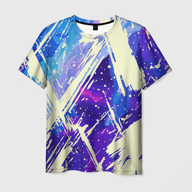 Мужская футболка 3D с принтом Синие и фиолетовые мазки краски в Белгороде, 100% полиэфир | прямой крой, круглый вырез горловины, длина до линии бедер | 