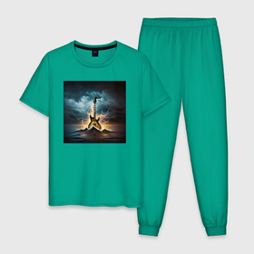 Мужская пижама хлопок с принтом Картина электрогитары посреди бушующего океана в Петрозаводске, 100% хлопок | брюки и футболка прямого кроя, без карманов, на брюках мягкая резинка на поясе и по низу штанин
 | 